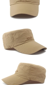 Three-way view of khaki flat top military cap with sports embroidery and reinforced brim