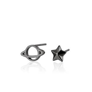 Asymmetric S925 sterling silver planet and star stud earrings in black finish