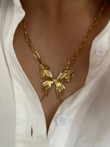 Artistic gold butterfly pendant with liquid metal texture on large link chain necklace