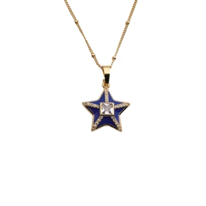 Golden star pendant necklace with blue enamel and sparkling cubic zirconia crystals