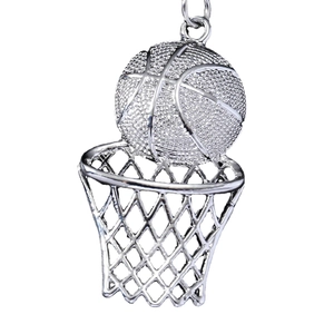 Silver metal basketball hoop keychain featuring realistic net texture and ball detailing