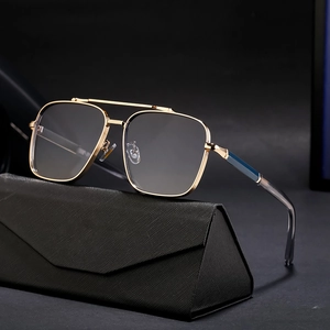 Fashionable gold square metal frame sunglasses with blue accents on black case