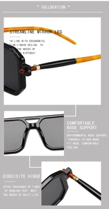 Close-up of 2024 double-bridge square fashion sunglasses showing hinge and temple.