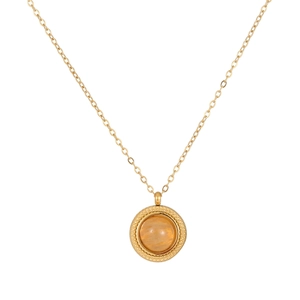 Élégant collier en acier inoxydable doré avec pendentif rond en pierre de lune jaune