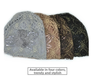 Detailed lace beanies with floral pattern and sequins shown in four assorted colors
