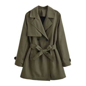 Classic army green double-breasted trench coat with waist belt and lapel collar for women