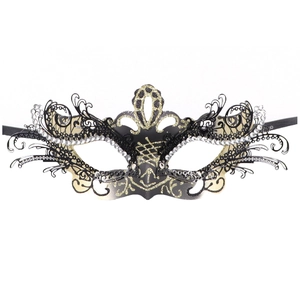 Close-up of black and gold Venetian masquerade mask with sparkling rhinestones