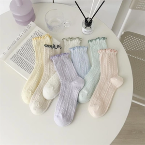 Japanese style ruffle edge crew socks in 6 pastel colors for women with knit texture
