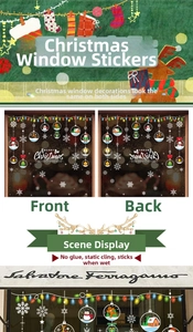 Close-up of double-sided Christmas static window stickers with Santa and Merry Christmas text