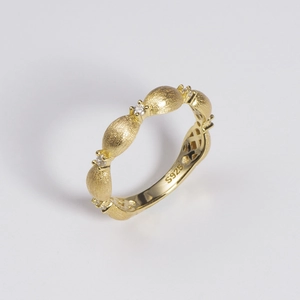Minimalist S925 Sterling Silver Brushed Rice Grain Ring For Women Gold Plated Rhinestone Inlaid Fashion Finger Ring Jewelry