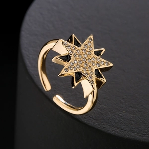 18K gold plated octagonal star open ring with black enamel accents and zircon stones