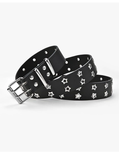 Detail shot of black leather punk belt with silver star rivets and double pin buckle