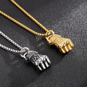 Hip hop style gold and silver fist pendant necklaces with polished box chains