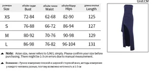 Size chart table for strapless slit knit dress with measurements in CM for XS to L sizes