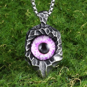Gothic stainless steel necklace with purple demon eye pendant for men and women
