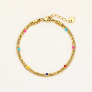 Detail of 18K gold stainless steel double-layer bracelet with colorful beads and clasp