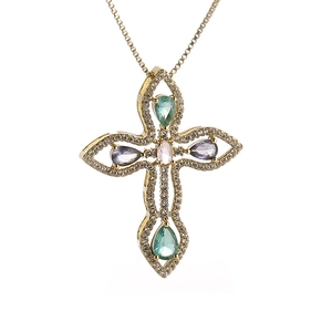 Cross Pendant Necklace Copper Colorful Micro Inset Zircon Water Drop Gemstone Gold Plated Elegant Jewelry For Women