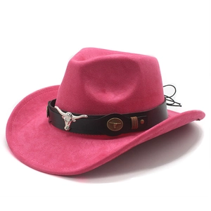 Close-up of pink suede cowboy hat with metallic bull head and bohemian rivets