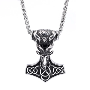Nordic Mjolnir Thor Hammer pendant necklace with ram head and Celtic knot in antique silver