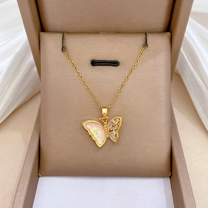 Titanium steel necklace with a pink butterfly pendant featuring sparkling rhinestones