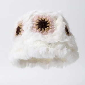 Cappello Alla Pescatora Invernale Da Donna Pelliccia Sintetica Peluche Caldo Crochet Floreale Retro Dolce Stile Artigianale