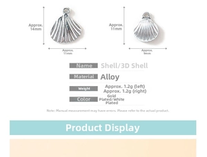 Detailed size chart for gold-plated shell charms showing dimensions 14x11mm and 11x9mm