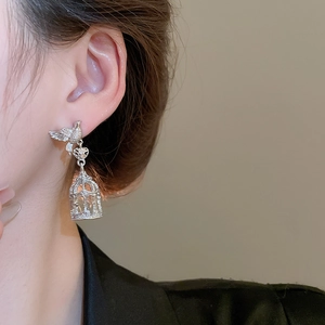 Detail eines asymmetrischen silbernen Vogel-Ohrrings mit Käfig-Anhänger am Model