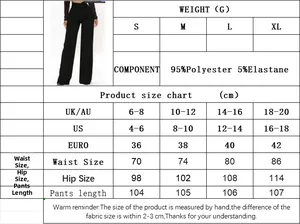 Detailed size guide table for high waist straight leg trousers showing measurements in cm