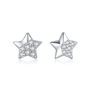Elegant S925 sterling silver star earrings with half-polished and half-diamond surface