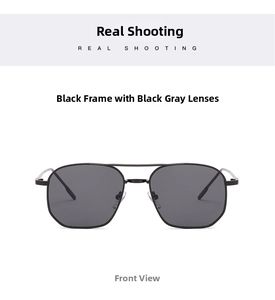 Front view of double-bridge small frame sunglasses with black metal frame and grey lenses