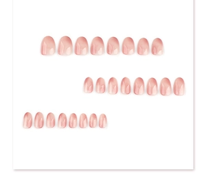 Detailed set of 24 pink almond shape press-on nails displayed on clean white background