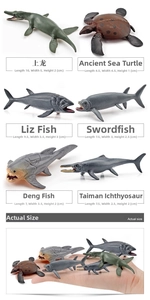 Detailed size specifications for 6 prehistoric sea creature models with hand comparison