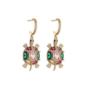 Exaggerated gold plated turtle drop earrings with colorful zircon stones and crystals