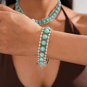 Bohemian turquoise necklace and rhinestone bracelet set with vintage resin geometric beads
