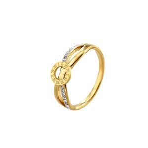 Bague double anneau en or 18 carats avec chiffres romains et cristaux pavés étincelants
