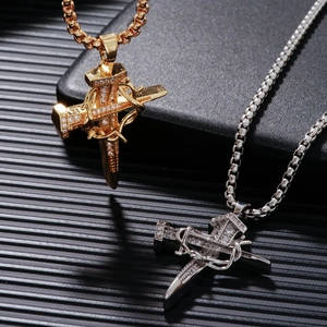 Hip hop nail cross pendant necklaces in gold and silver with zircon crown of thorns detail