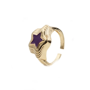 Gold plated star ring with purple enamel inlay and tiered band for women