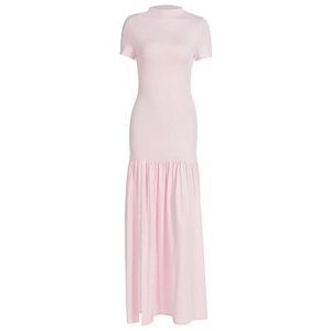 Detailed view of pink bodycon maxi dress with ruched hem and side slit design