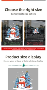 Close-up of cartoon snowman Christmas window stickers with size selection guide