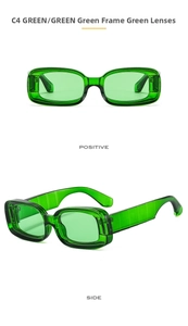Macro view of retro green rectangle sunglasses showing side and front angles