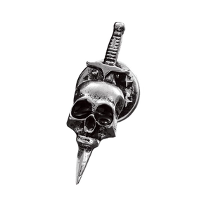 Close-up of gothic skull and dagger pin with silver finish and butterfly clasp back