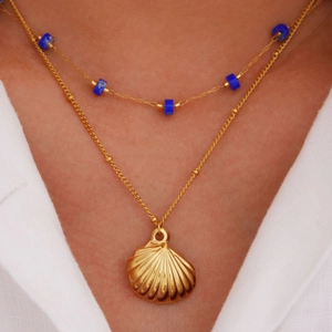14k gold stainless steel necklace set with ocean shell pendant and blue beads details