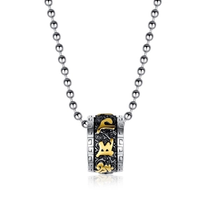 Vintage stainless steel lotus cylinder pendant necklace with golden mantras on bead chain