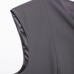 Gray sleeveless V-neck waist-cinched suit vest with premium woven fabric texture