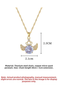 Detail of gold crown angel wing pendant necklace with clear cubic zirconia and dimensions