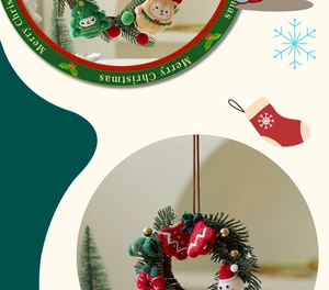 Detail of Christmas wreath with plush reindeer, snowman ornaments and green pine needles