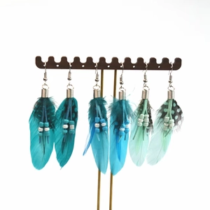 Bohemian long feather tassel earrings in peacock blue and mint green with silver accents