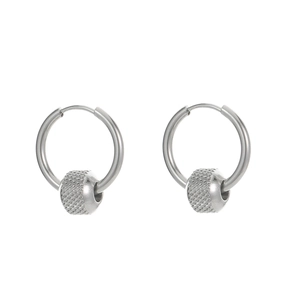 Silver stainless steel hoop earrings with textured mesh ball charms for women
