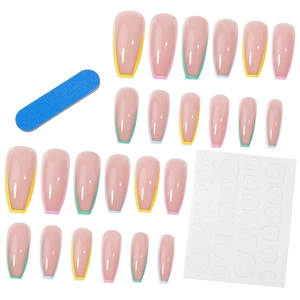 24pcs long coffin rainbow French tip press on nails set with adhesive tabs and nail file