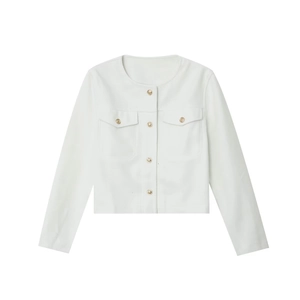 Women's elegant white tweed short jacket with round neck and decorative gold buttons